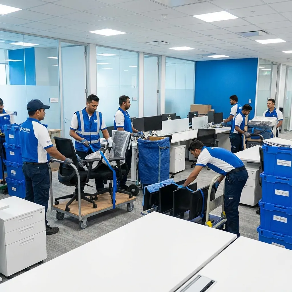 Office movers relocating equipment in a corporate office