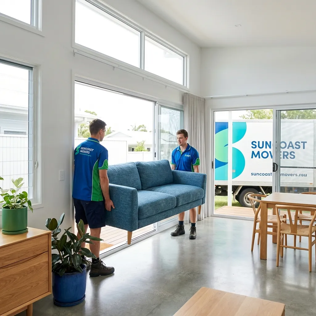 Professional movers carrying a sofa into a modern Australian home